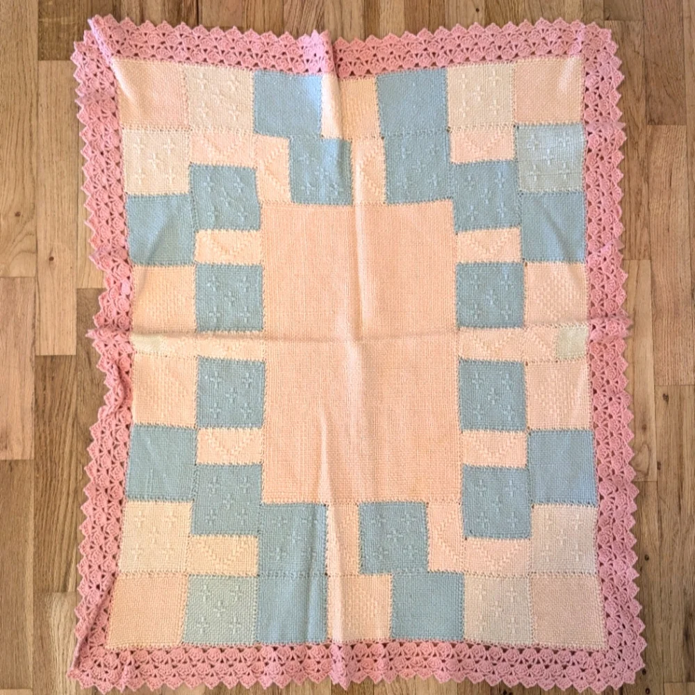Vtg Handmade Baby Blanket Knit Crochet Square Pink Peach Blue Nursery Lace